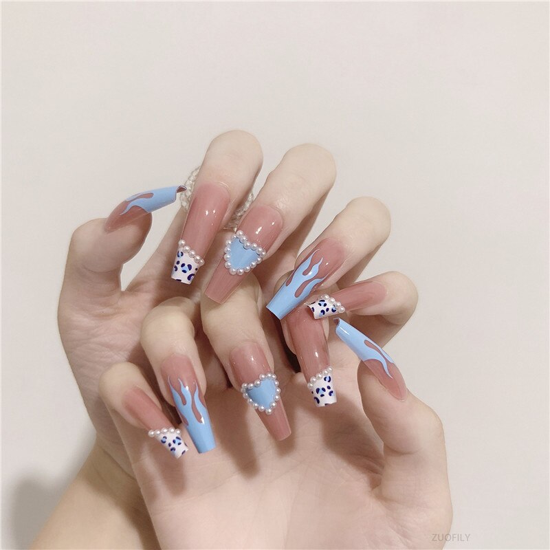 24Pcs Long Love Bow Design French Style Fake Nails Cute Flowers Blue Flame Detachable Press on False Nail Tips Manicure Nail Art