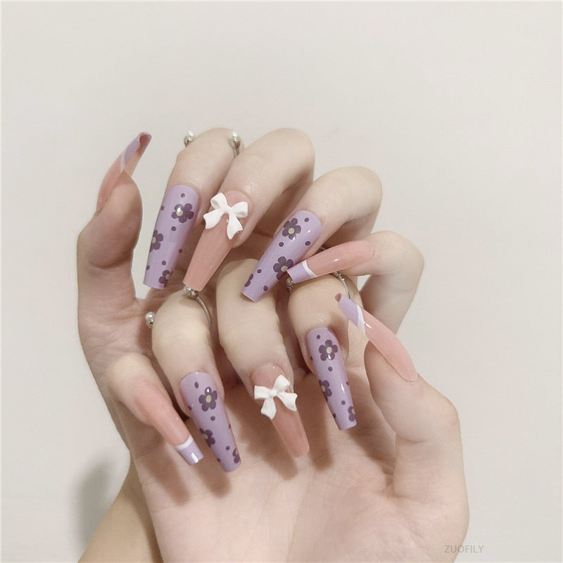 24Pcs Long Love Bow Design French Style Fake Nails Cute Flowers Blue Flame Detachable Press on False Nail Tips Manicure Nail Art