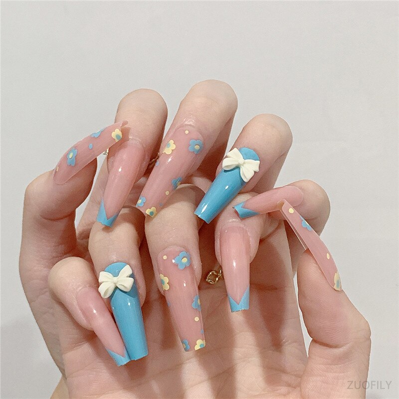 24Pcs Long Love Bow Design French Style Fake Nails Cute Flowers Blue Flame Detachable Press on False Nail Tips Manicure Nail Art