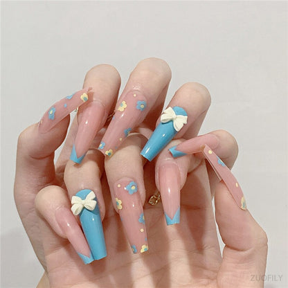24Pcs Long Love Bow Design French Style Fake Nails Cute Flowers Blue Flame Detachable Press on False Nail Tips Manicure Nail Art