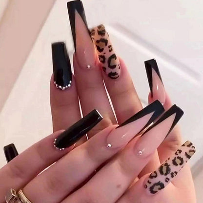 24Pcs Marble Gradient Long Coffin False Nails Full Cover Nail Tips Press Glue Detachable Wearable Gold Foil Ballerina Fake Nails