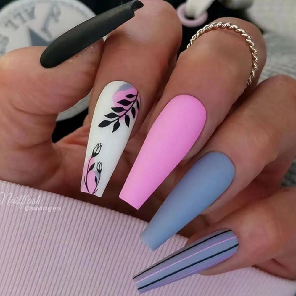 24Pcs Marble Gradient Long Coffin False Nails Full Cover Nail Tips Press Glue Detachable Wearable Gold Foil Ballerina Fake Nails