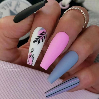 24Pcs Marble Gradient Long Coffin False Nails Full Cover Nail Tips Press Glue Detachable Wearable Gold Foil Ballerina Fake Nails