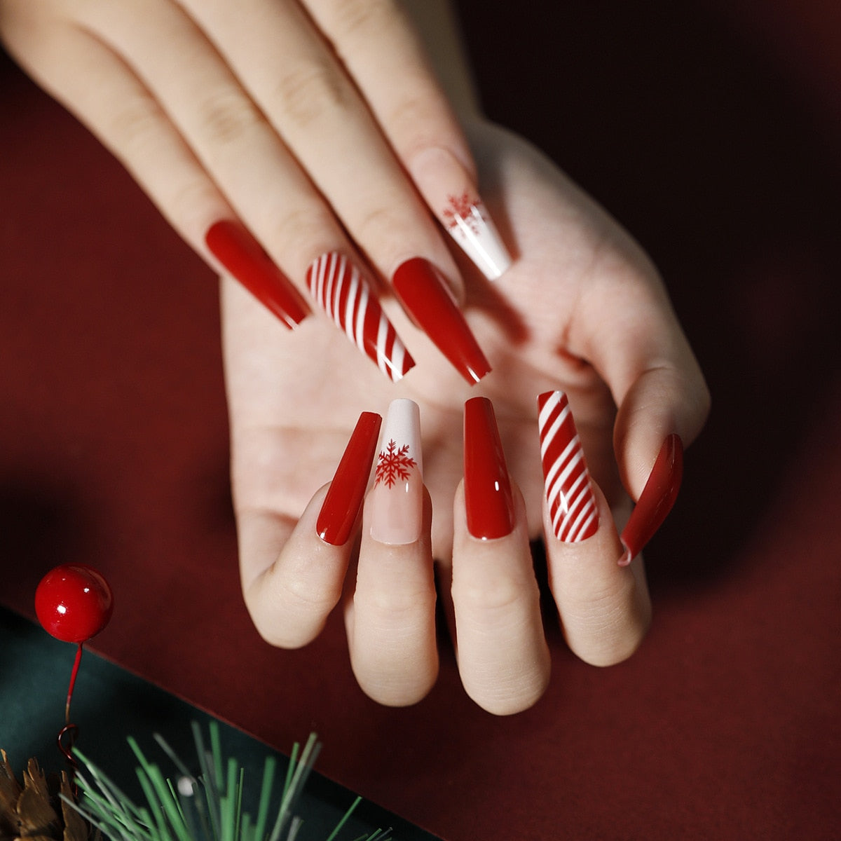 24Pcs Marble Gradient Long Coffin False Nails Full Cover Nail Tips Press Glue Detachable Wearable Gold Foil Ballerina Fake Nails