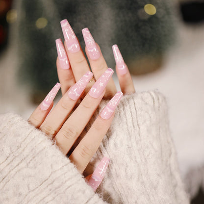 24Pcs Marble Gradient Long Coffin False Nails Full Cover Nail Tips Press Glue Detachable Wearable Gold Foil Ballerina Fake Nails