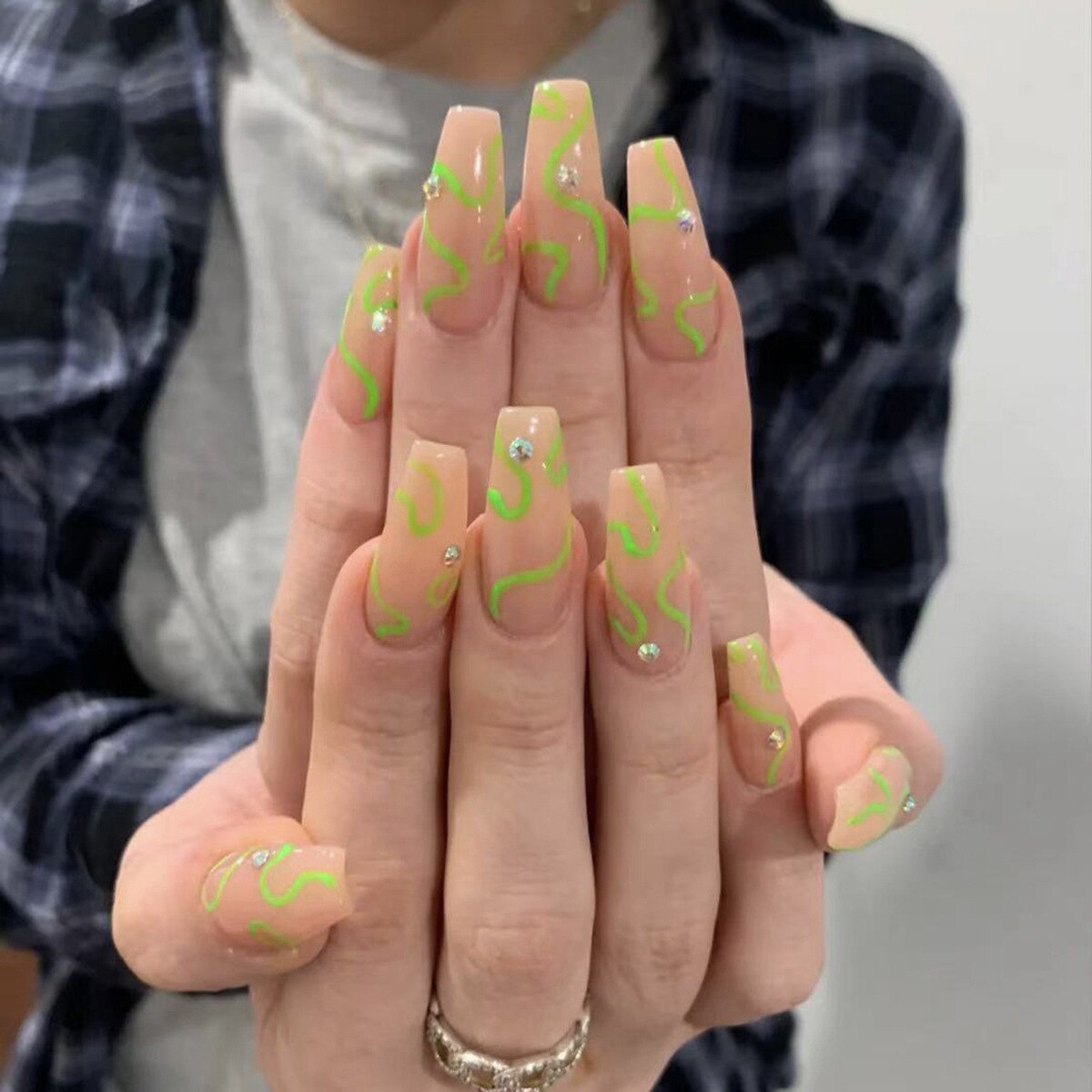24Pcs Marble Gradient Long Coffin False Nails Full Cover Nail Tips Press Glue Detachable Wearable Gold Foil Ballerina Fake Nails
