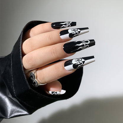 24Pcs Marble Gradient Long Coffin False Nails Full Cover Nail Tips Press Glue Detachable Wearable Gold Foil Ballerina Fake Nails