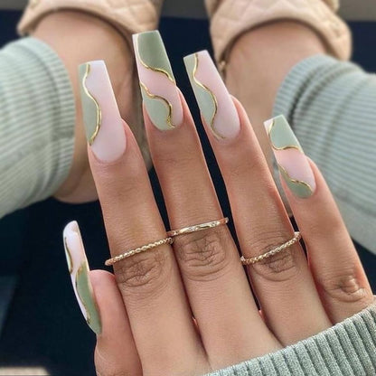 24Pcs Marble Gradient Long Coffin False Nails Full Cover Nail Tips Press Glue Detachable Wearable Gold Foil Ballerina Fake Nails