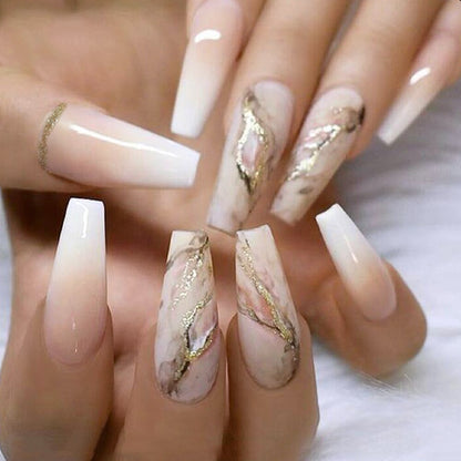 24Pcs Marble Gradient Long Coffin False Nails Full Cover Nail Tips Press Glue Detachable Wearable Gold Foil Ballerina Fake Nails