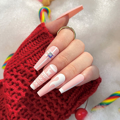 24Pcs Marble Gradient Long Coffin False Nails Full Cover Nail Tips Press Glue Detachable Wearable Gold Foil Ballerina Fake Nails