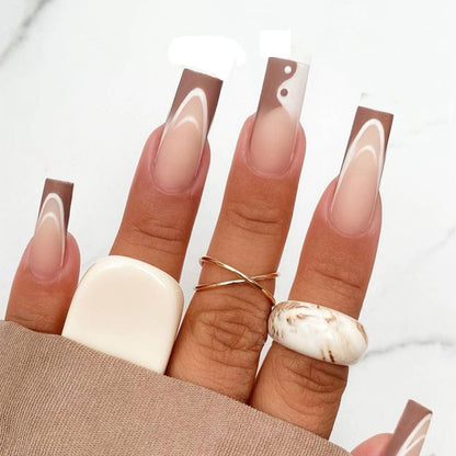 24Pcs Marble Gradient Long Coffin False Nails Full Cover Nail Tips Press Glue Detachable Wearable Gold Foil Ballerina Fake Nails
