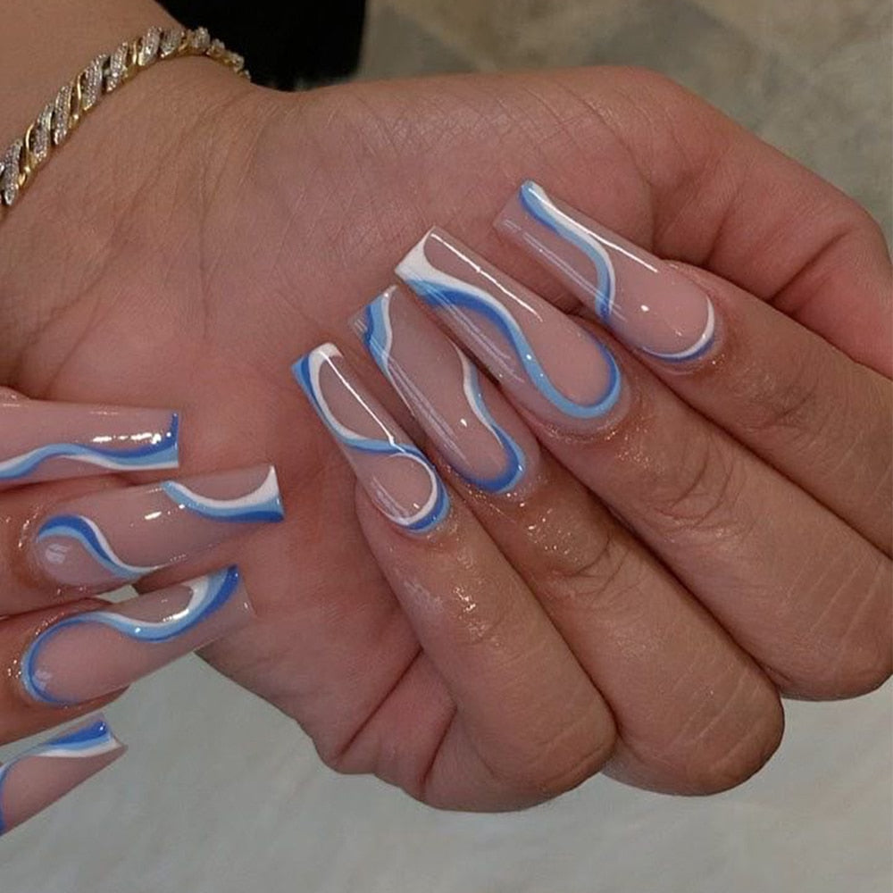24Pcs Marble Gradient Long Coffin False Nails Full Cover Nail Tips Press Glue Detachable Wearable Gold Foil Ballerina Fake Nails