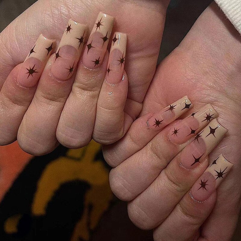 24Pcs Marble Gradient Long Coffin False Nails Full Cover Nail Tips Press Glue Detachable Wearable Gold Foil Ballerina Fake Nails