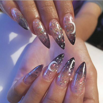 24Pcs Marble Gradient Long Coffin False Nails Full Cover Nail Tips Press Glue Detachable Wearable Gold Foil Ballerina Fake Nails