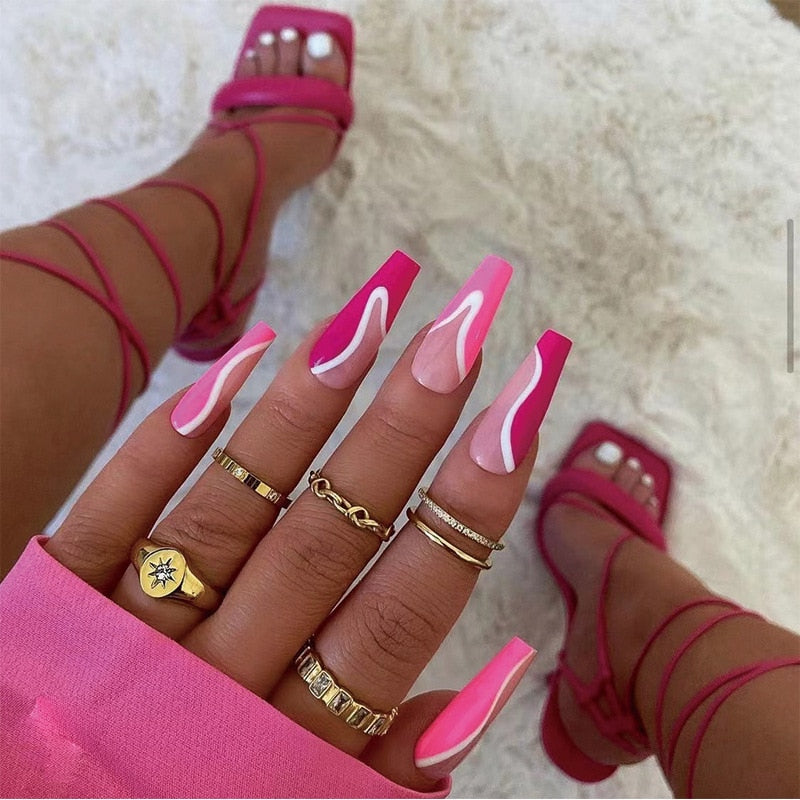 24Pcs Marble Gradient Long Coffin False Nails Full Cover Nail Tips Press Glue Detachable Wearable Gold Foil Ballerina Fake Nails