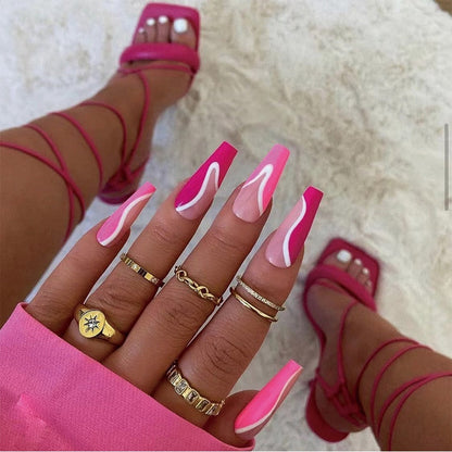 24Pcs Marble Gradient Long Coffin False Nails Full Cover Nail Tips Press Glue Detachable Wearable Gold Foil Ballerina Fake Nails