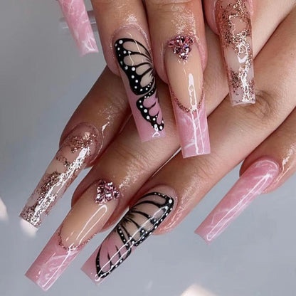 24Pcs Marble Gradient Long Coffin False Nails Full Cover Nail Tips Press Glue Detachable Wearable Gold Foil Ballerina Fake Nails