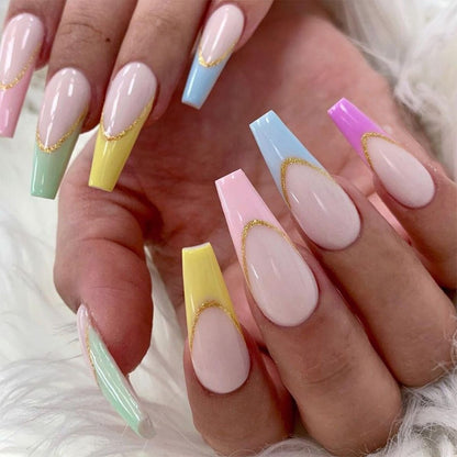 24Pcs Marble Gradient Long Coffin False Nails Full Cover Nail Tips Press Glue Detachable Wearable Gold Foil Ballerina Fake Nails