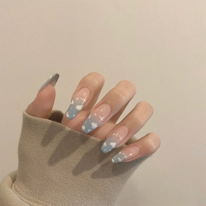 24Pcs Marble Gradient Long Coffin False Nails Full Cover Nail Tips Press Glue Detachable Wearable Gold Foil Ballerina Fake Nails