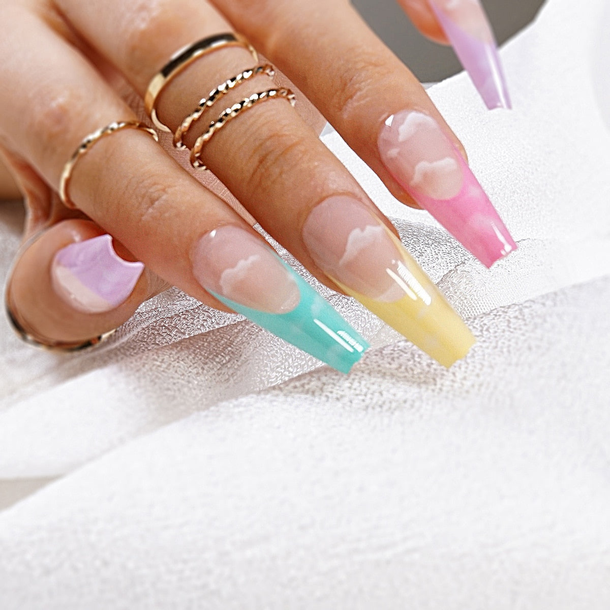 24Pcs Marble Gradient Long Coffin False Nails Full Cover Nail Tips Press Glue Detachable Wearable Gold Foil Ballerina Fake Nails