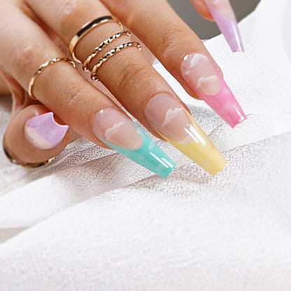 24Pcs Marble Gradient Long Coffin False Nails Full Cover Nail Tips Press Glue Detachable Wearable Gold Foil Ballerina Fake Nails