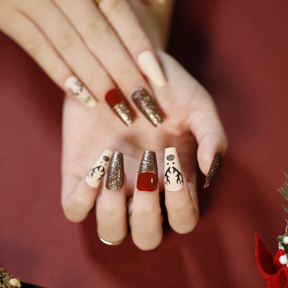 24Pcs Marble Gradient Long Coffin False Nails Full Cover Nail Tips Press Glue Detachable Wearable Gold Foil Ballerina Fake Nails