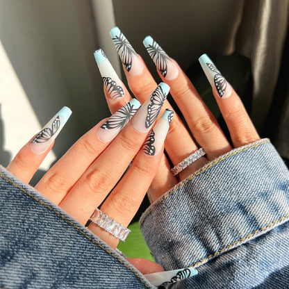 24Pcs Marble Gradient Long Coffin False Nails Full Cover Nail Tips Press Glue Detachable Wearable Gold Foil Ballerina Fake Nails