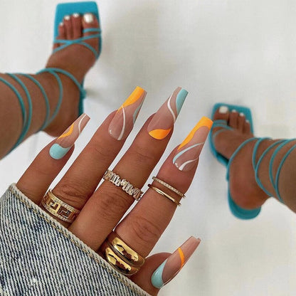 24Pcs Marble Gradient Long Coffin False Nails Full Cover Nail Tips Press Glue Detachable Wearable Gold Foil Ballerina Fake Nails