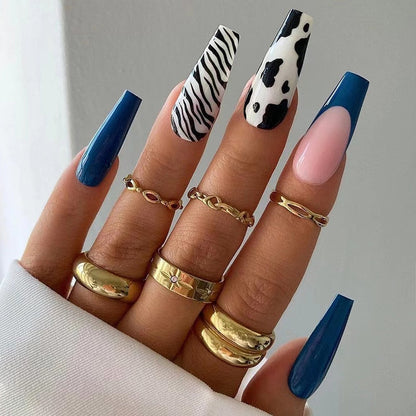 24Pcs Marble Gradient Long Coffin False Nails Full Cover Nail Tips Press Glue Detachable Wearable Gold Foil Ballerina Fake Nails
