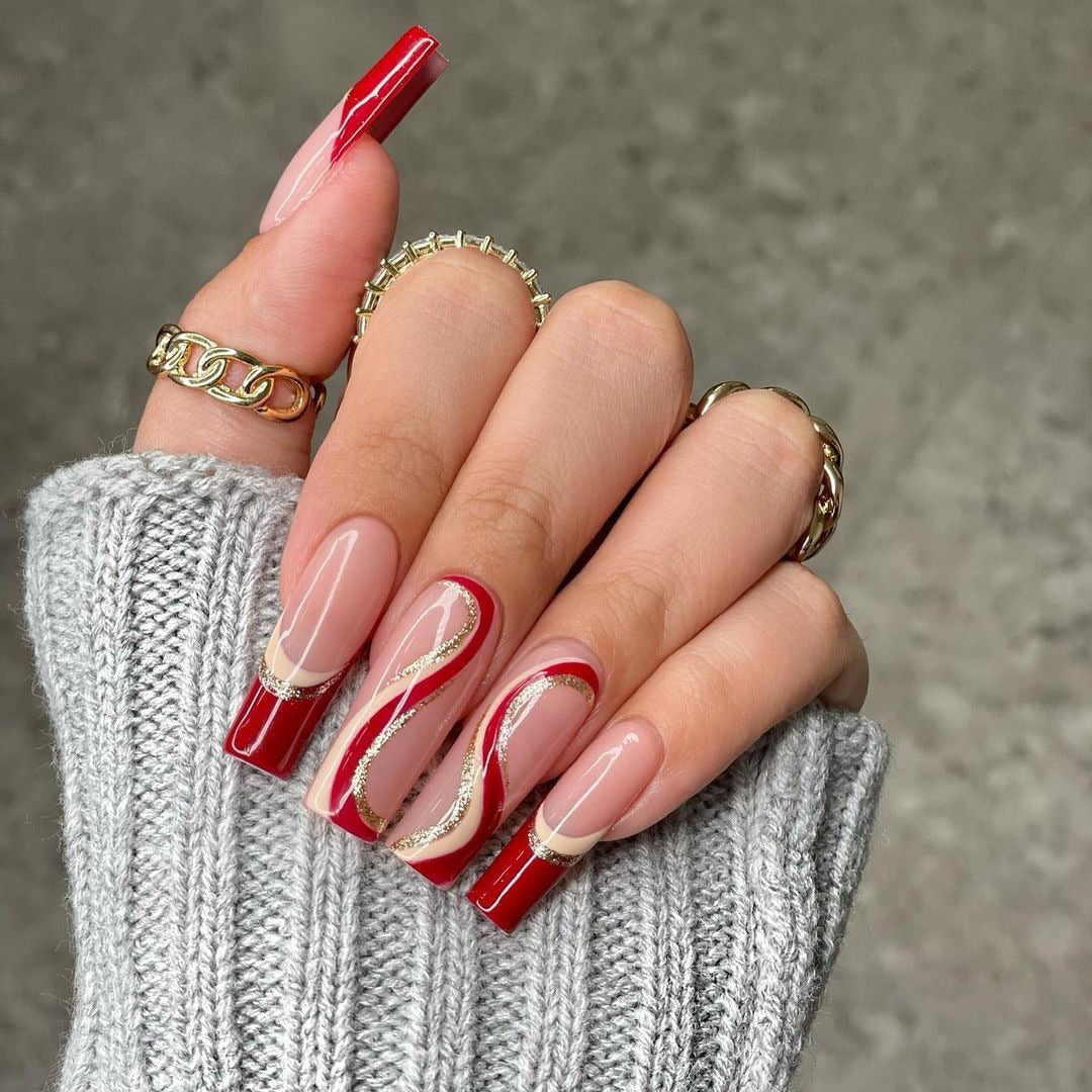 24Pcs Marble Gradient Long Coffin False Nails Full Cover Nail Tips Press Glue Detachable Wearable Gold Foil Ballerina Fake Nails