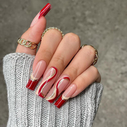 24Pcs Marble Gradient Long Coffin False Nails Full Cover Nail Tips Press Glue Detachable Wearable Gold Foil Ballerina Fake Nails