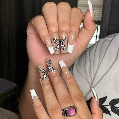 24Pcs Marble Gradient Long Coffin False Nails Full Cover Nail Tips Press Glue Detachable Wearable Gold Foil Ballerina Fake Nails