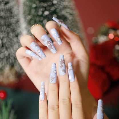 24Pcs Marble Gradient Long Coffin False Nails Full Cover Nail Tips Press Glue Detachable Wearable Gold Foil Ballerina Fake Nails