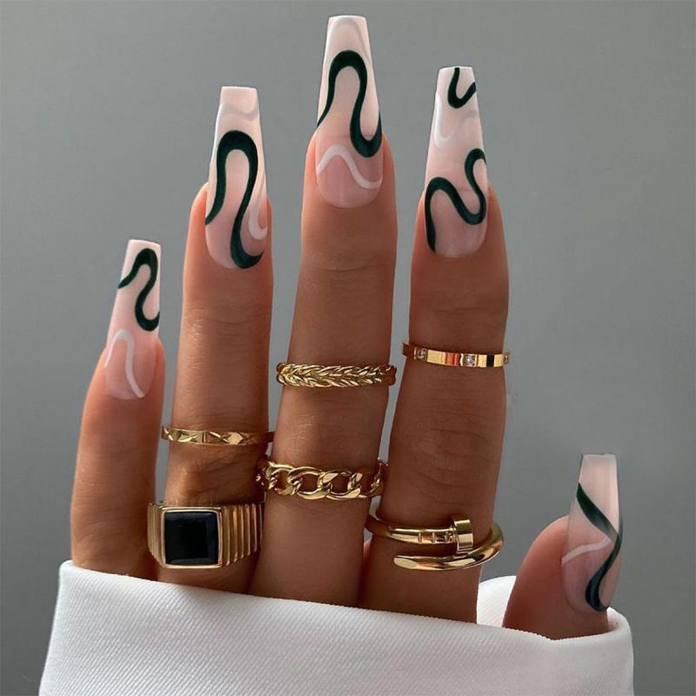 24Pcs Marble Gradient Long Coffin False Nails Full Cover Nail Tips Press Glue Detachable Wearable Gold Foil Ballerina Fake Nails