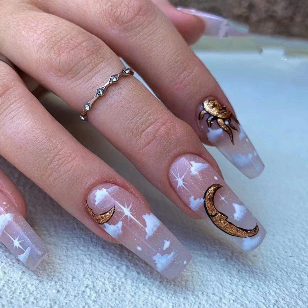 24Pcs Marble Gradient Long Coffin False Nails Full Cover Nail Tips Press Glue Detachable Wearable Gold Foil Ballerina Fake Nails