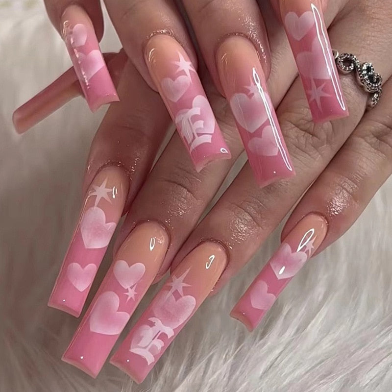 24Pcs Marble Gradient Long Coffin False Nails Full Cover Nail Tips Press Glue Detachable Wearable Gold Foil Ballerina Fake Nails