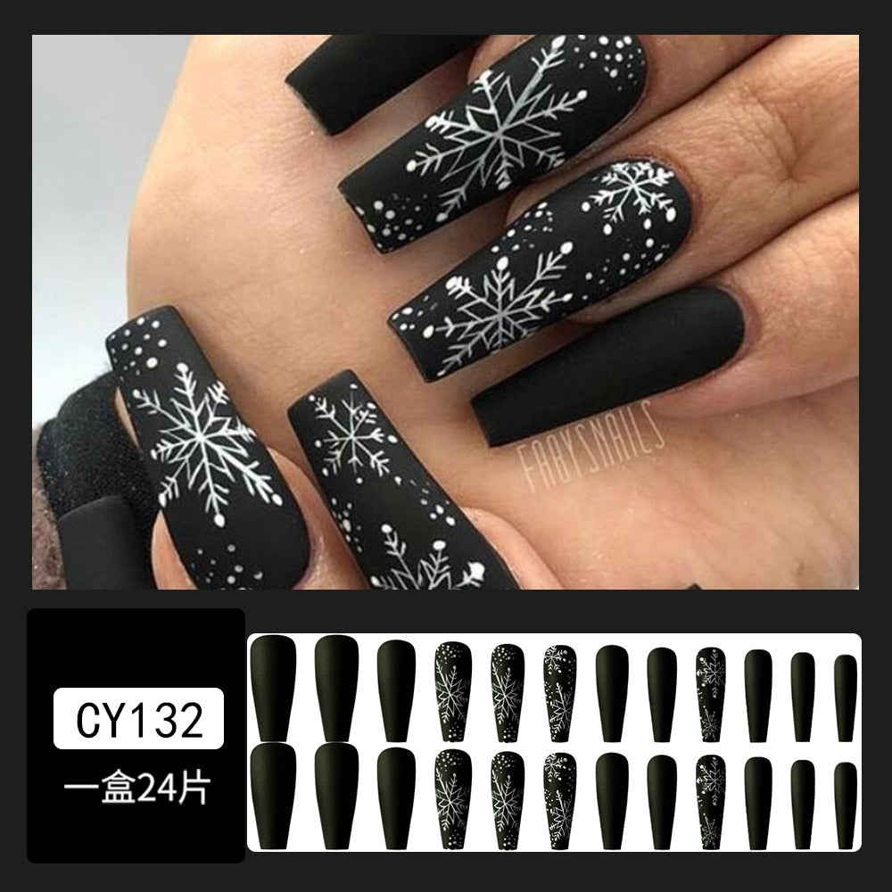 24Pcs Marble Gradient Long Coffin False Nails Full Cover Nail Tips Press Glue Detachable Wearable Gold Foil Ballerina Fake Nails