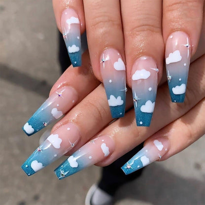 24Pcs Marble Gradient Long Coffin False Nails Full Cover Nail Tips Press Glue Detachable Wearable Gold Foil Ballerina Fake Nails