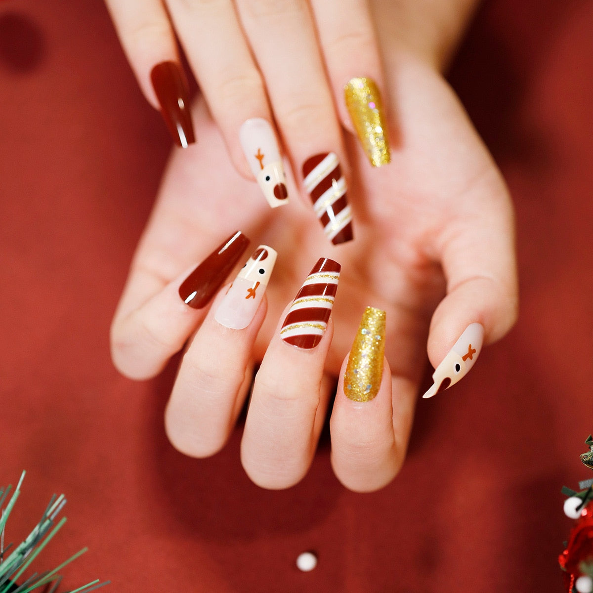 24Pcs Marble Gradient Long Coffin False Nails Full Cover Nail Tips Press Glue Detachable Wearable Gold Foil Ballerina Fake Nails