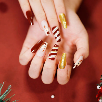 24Pcs Marble Gradient Long Coffin False Nails Full Cover Nail Tips Press Glue Detachable Wearable Gold Foil Ballerina Fake Nails