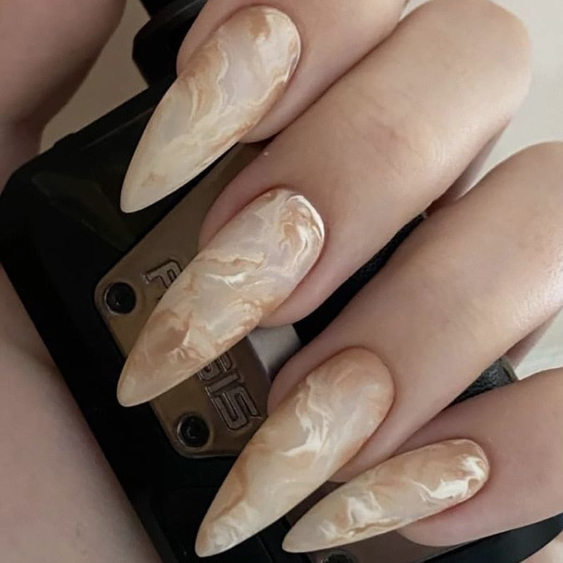 24Pcs Oval Head False Nails Almond Artificial Fake Nails With Glue Full Cover Nail Tips Press On Nails DIY Manicure Tools