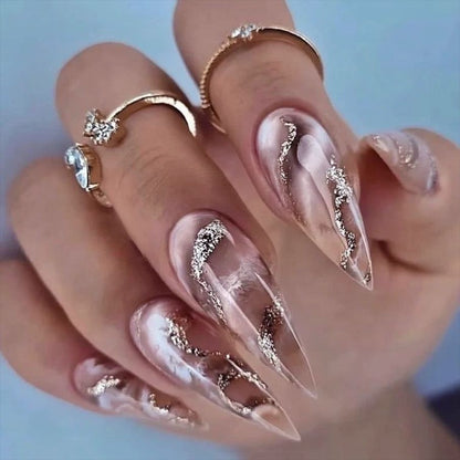24Pcs Oval Head False Nails Almond Artificial Fake Nails With Glue Full Cover Nail Tips Press On Nails DIY Manicure Tools