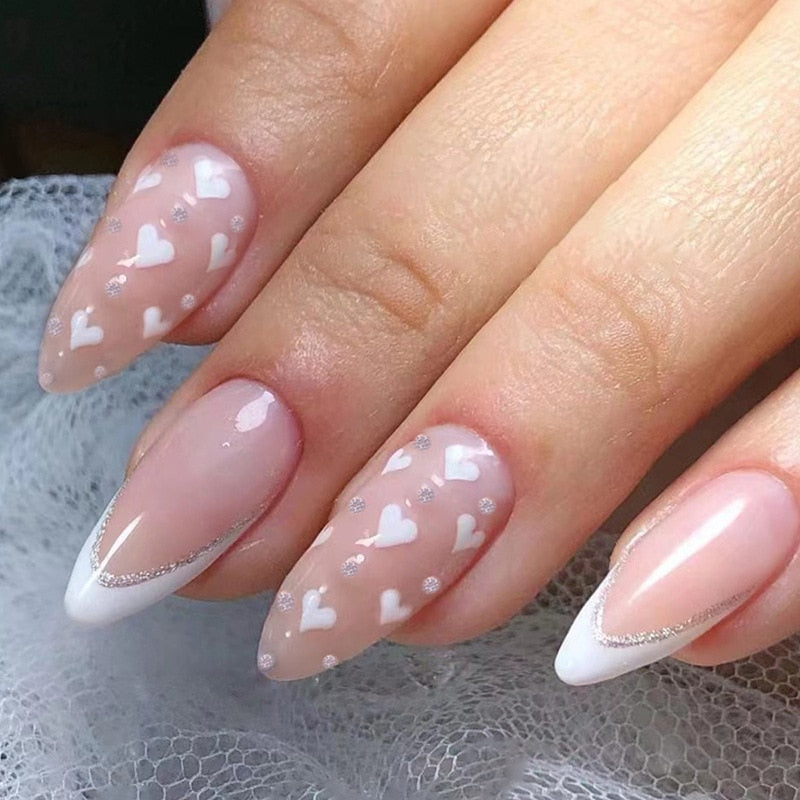 24Pcs Oval Head False Nails Pink Almond Artificial Fake Nails With Glue Full Cover Nail Tips Press On Nails DIY Manicure Tools