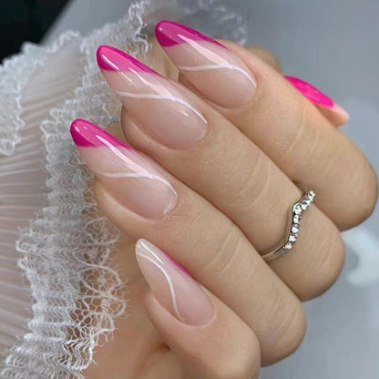 24Pcs Oval Head False Nails Pink Almond Artificial Fake Nails With Glue Full Cover Nail Tips Press On Nails DIY Manicure Tools