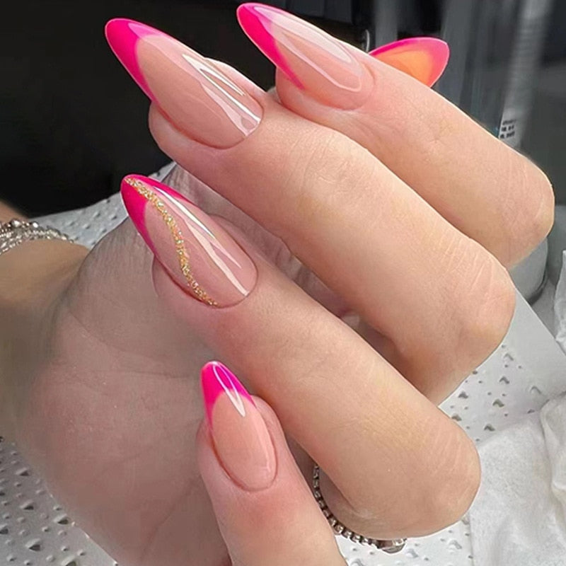 24Pcs Oval Head False Nails Pink Almond Artificial Fake Nails With Glue Full Cover Nail Tips Press On Nails DIY Manicure Tools