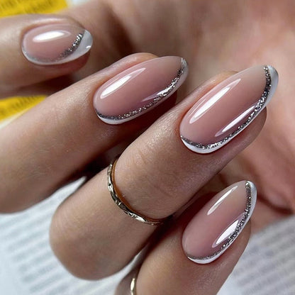 24Pcs Oval Head False Nails Pink Almond Artificial Fake Nails With Glue Full Cover Nail Tips Press On Nails DIY Manicure Tools