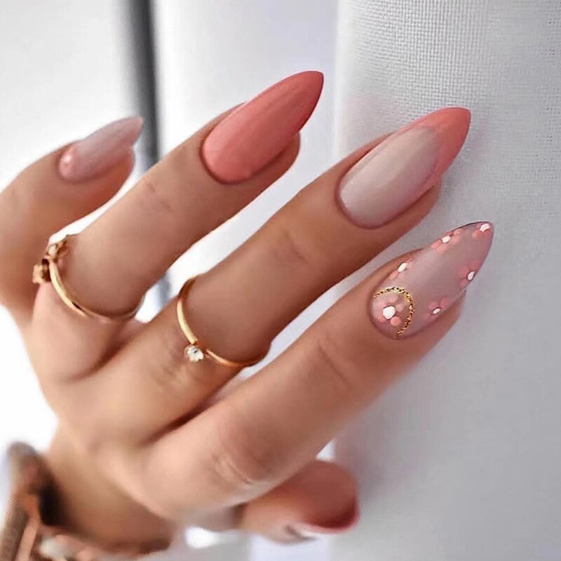 24Pcs Oval Head False Nails Pink Almond Artificial Fake Nails With Glue Full Cover Nail Tips Press On Nails DIY Manicure Tools