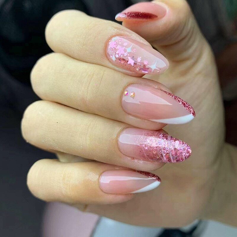 24Pcs Oval Head False Nails Pink Almond Artificial Fake Nails With Glue Full Cover Nail Tips Press On Nails DIY Manicure Tools