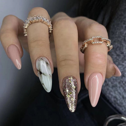 24Pcs Oval Head False Nails Pink Almond Artificial Fake Nails With Glue Full Cover Nail Tips Press On Nails DIY Manicure Tools