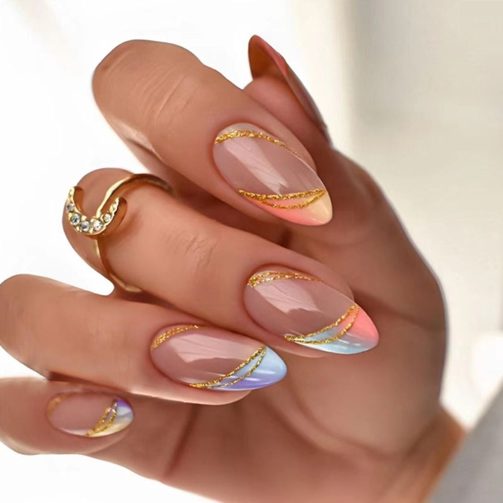 24Pcs Oval Head False Nails Pink Almond Artificial Fake Nails With Glue Full Cover Nail Tips Press On Nails DIY Manicure Tools